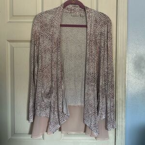 LOGO by Lori Goldstein printed knit chiffon trim cardigan size XS